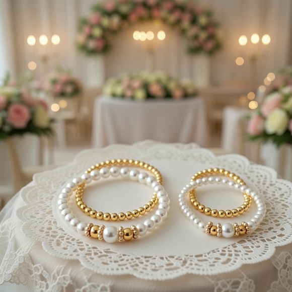 Pearl and Gold Beaded Bracelet Set - Picture 2 of 3